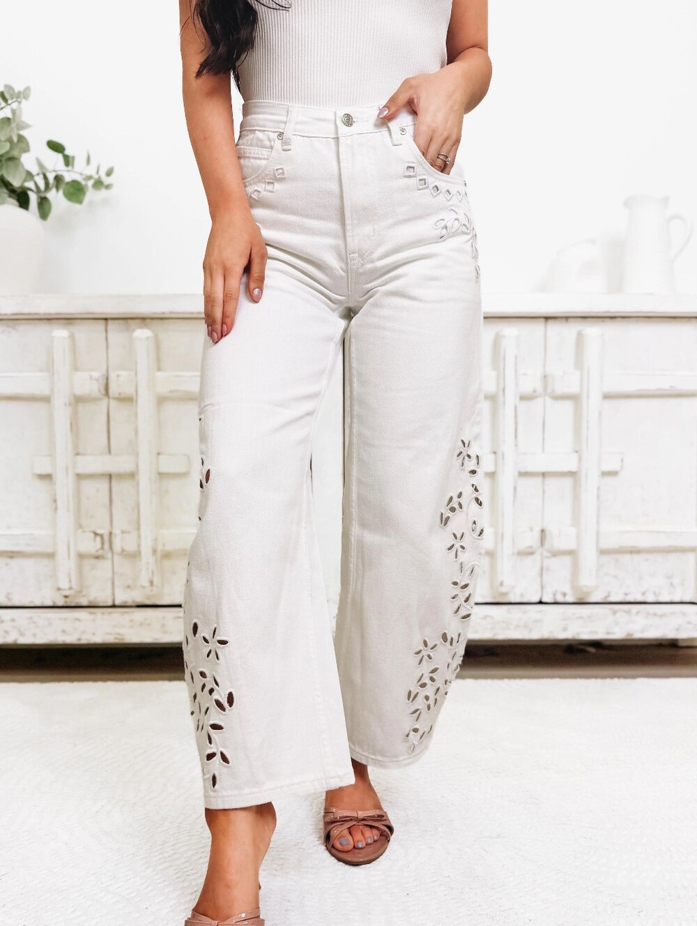 Saige High Rise Tummy Control Barrel Jean With Embroidery